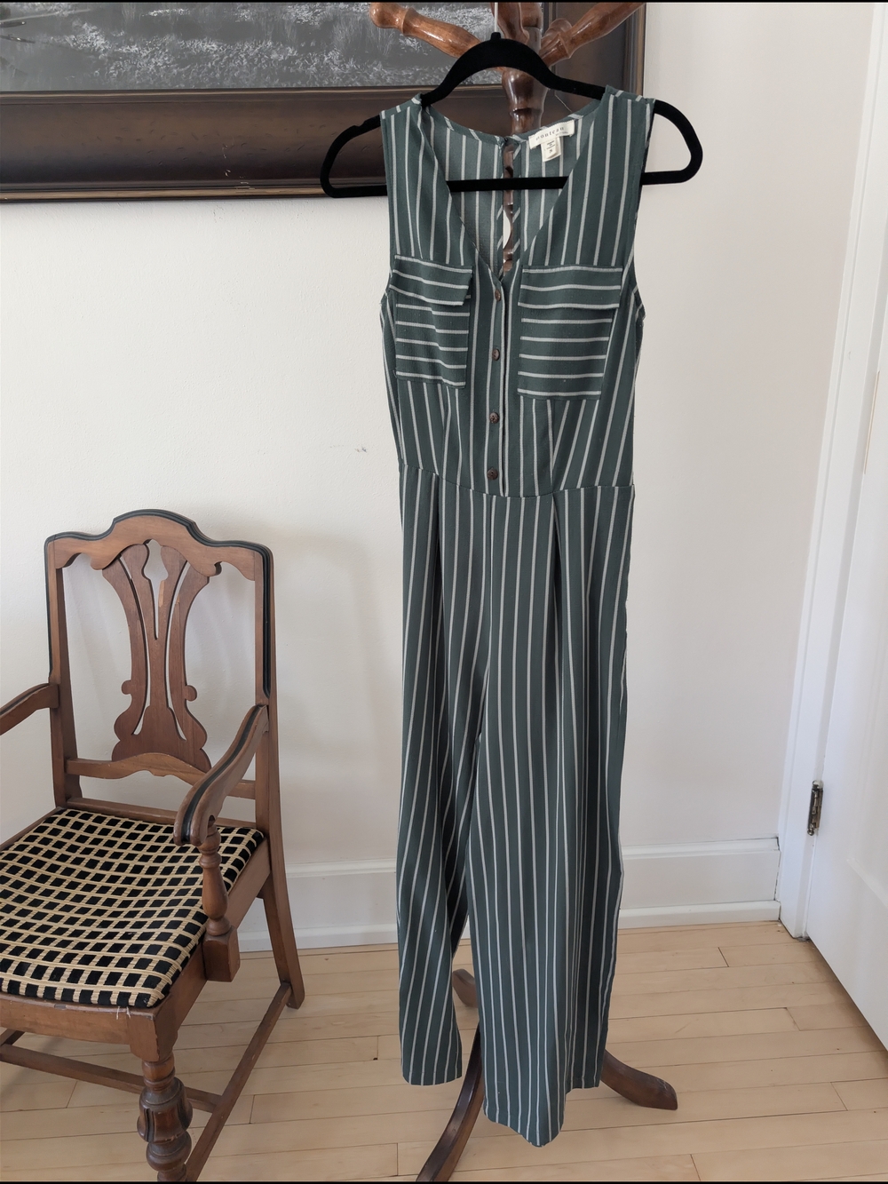 Monteau Almost Famous Forest Green and White Striped Sleeveless Jumpsuit Sz Sm